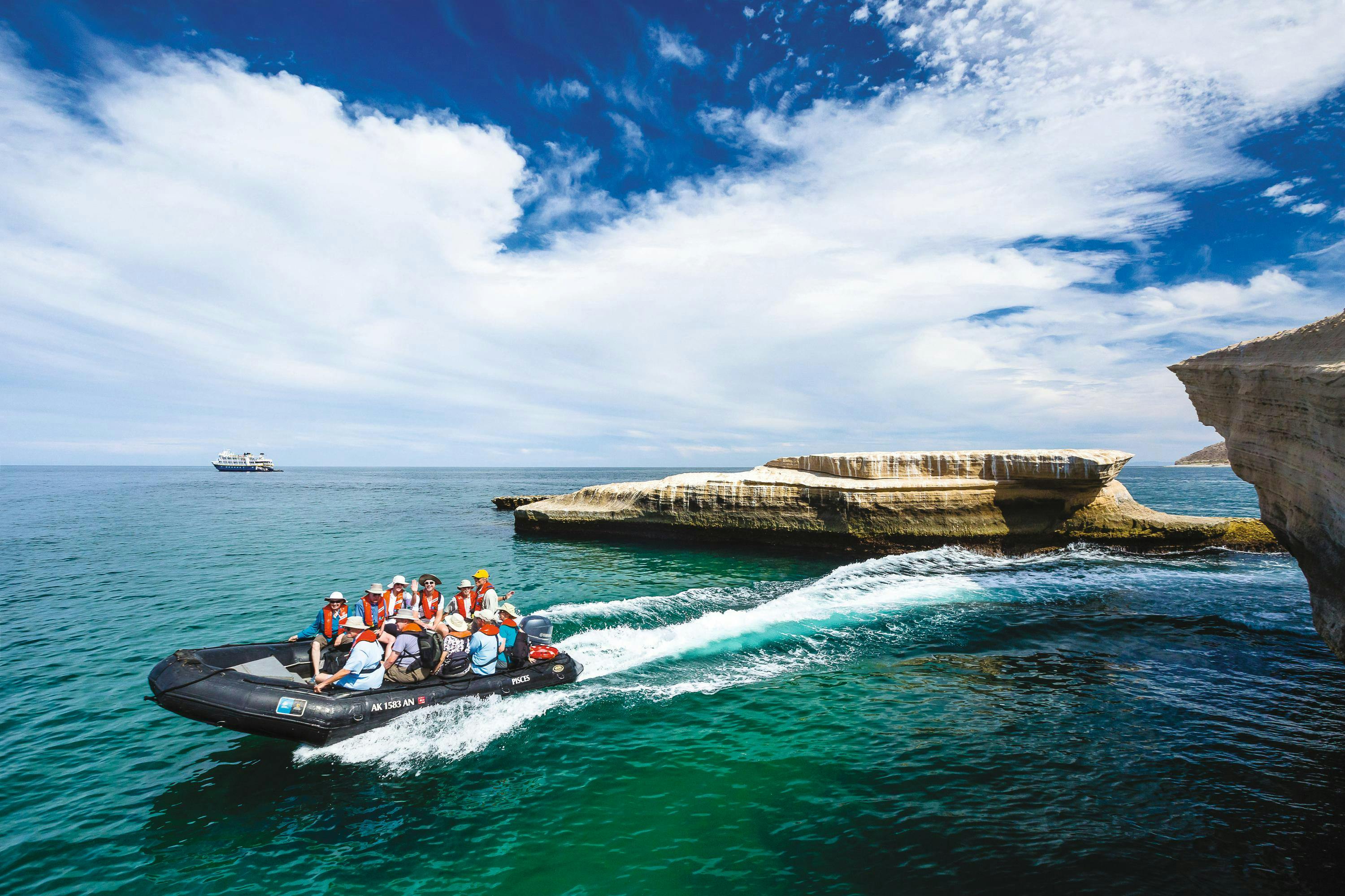 Guests exploring by zodiac in Punta Colorada, Isla San Jose, Sea of Cortz, Baja California Sur, Mexico