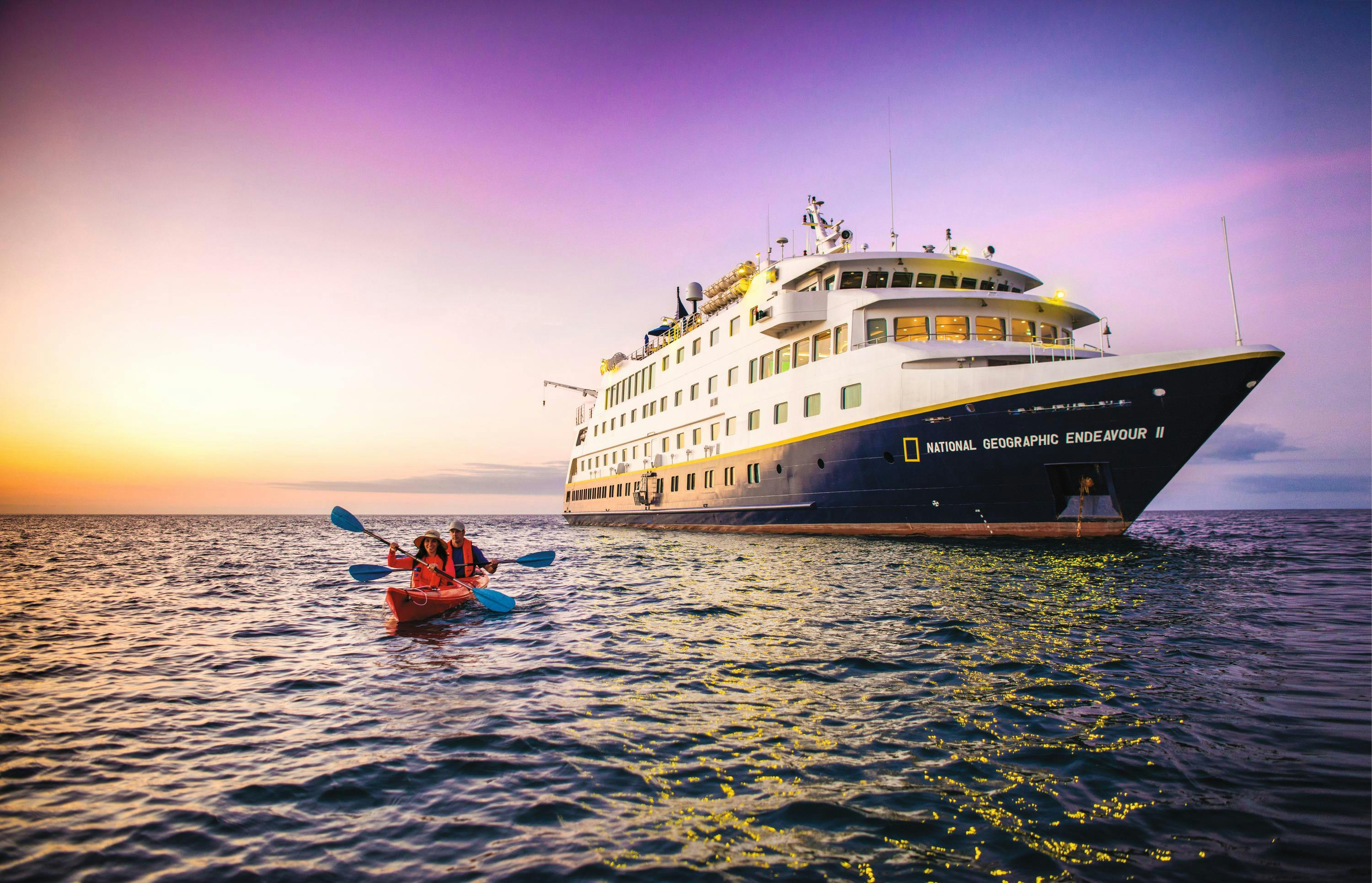 Guests kayaking from the ship National Geographic Endeavour II, Galapagos Islands, Ecuador.