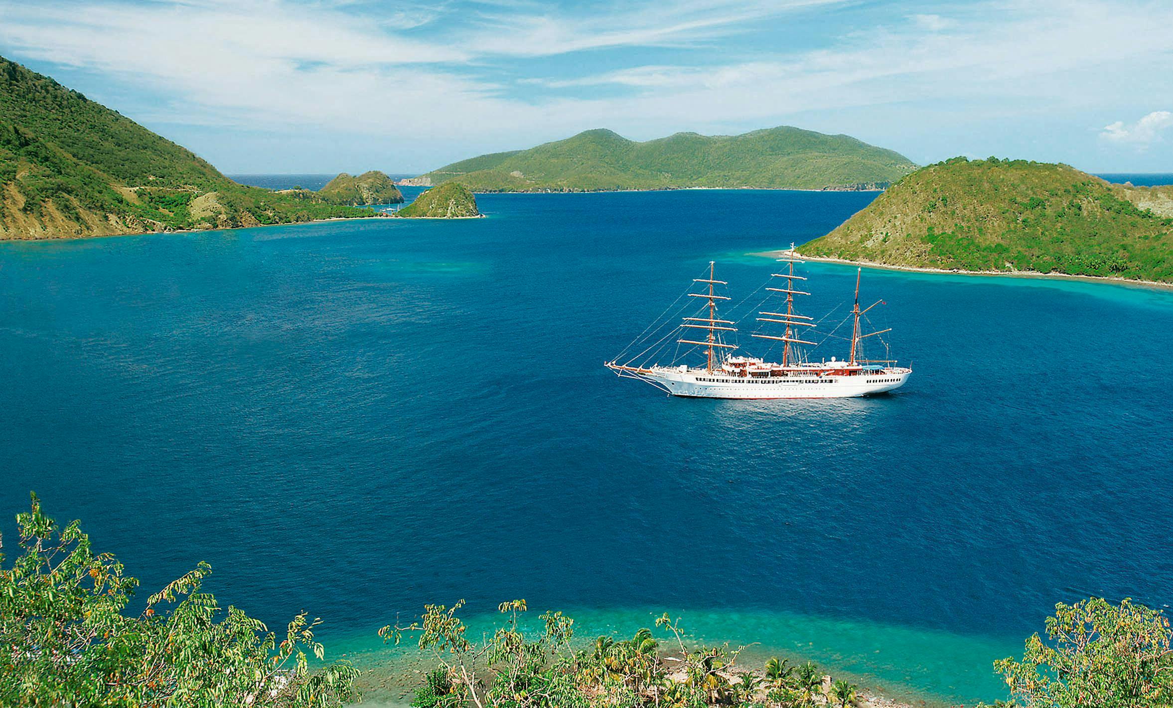 Ship Sea Cloud II at bay with bare rigging