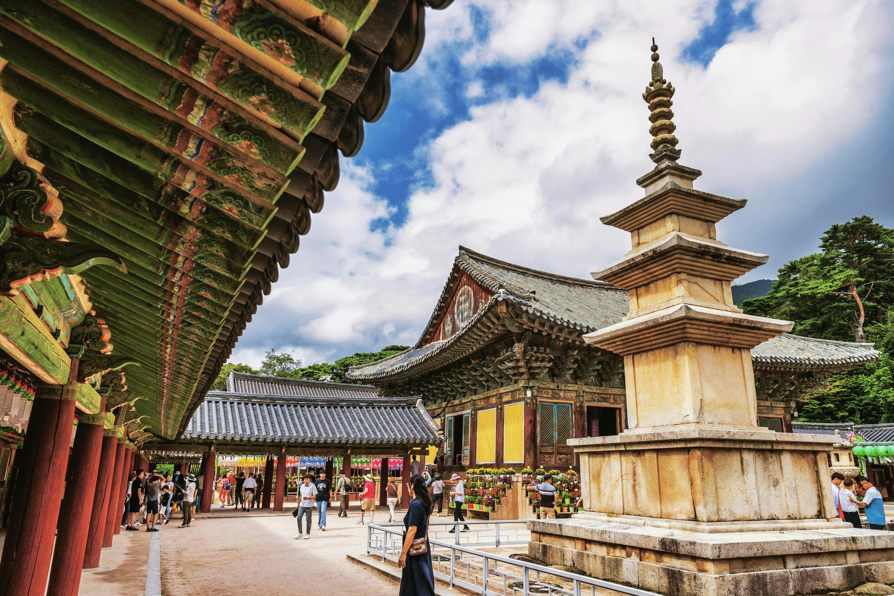 Bulguksa, a significant Buddhist temple on Tohamsan housing six National Treasures, including stone pagodas, Cheongun-gyo, and Buddha statues, in Jinheon-dong, Gyeongju, North Gyeongsang Province, South Korea.