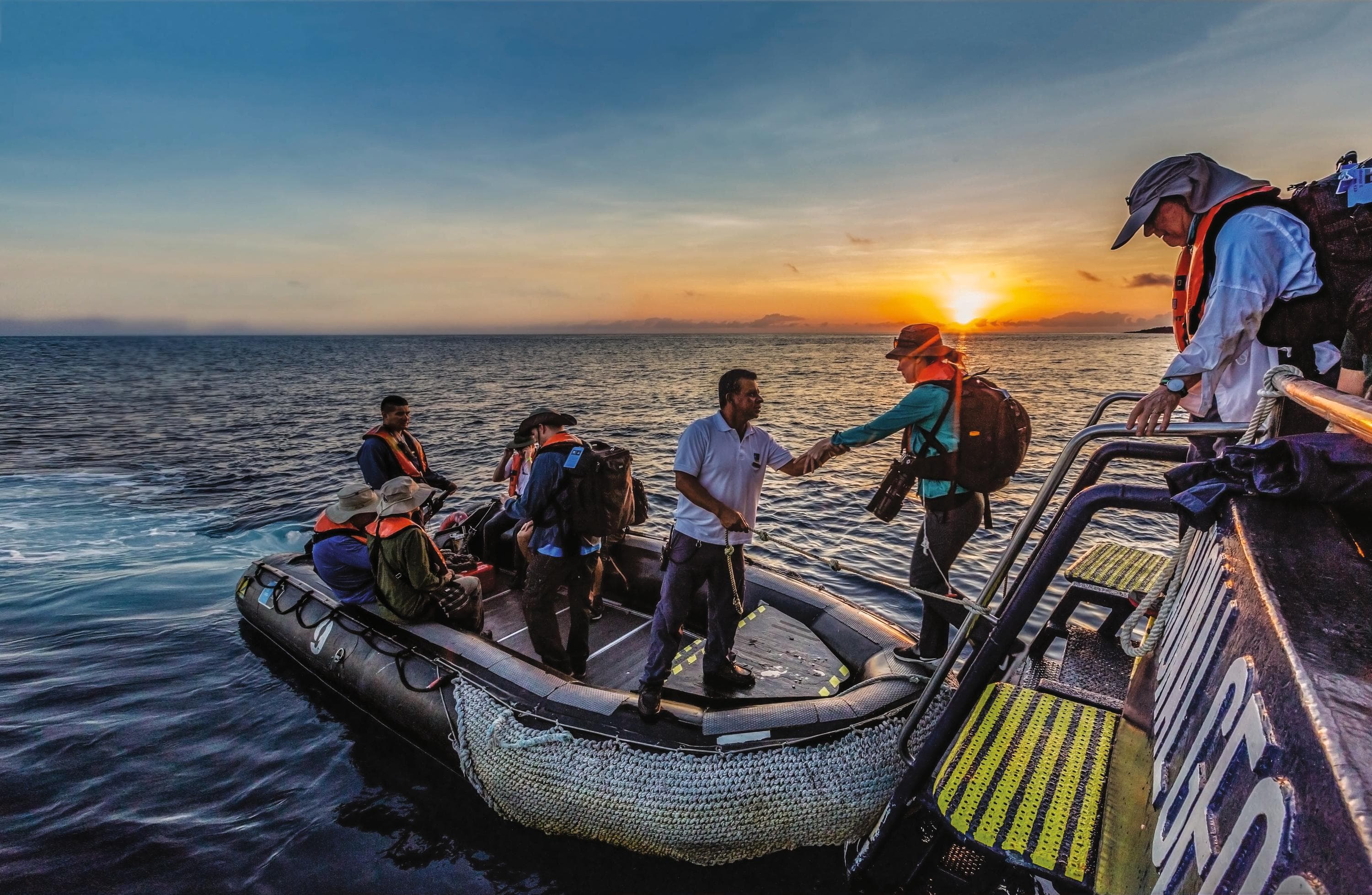 Guests boarding a zodiac in Galapagos